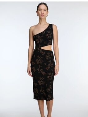 Oak + Fort One Shoulder Floral Knit Midi Dress with Cutout